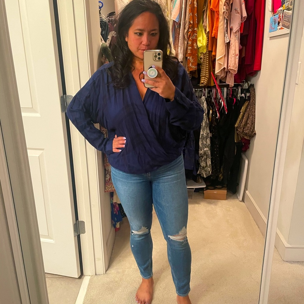 Blue Flannel Top with Crossover Front